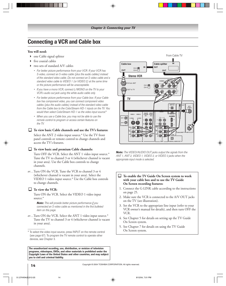 Connecting a vcr and cable box, Chapter 2: connecting your tv, Stereo vcr tv | Toshiba 51HX94 User Manual | Page 14 / 104
