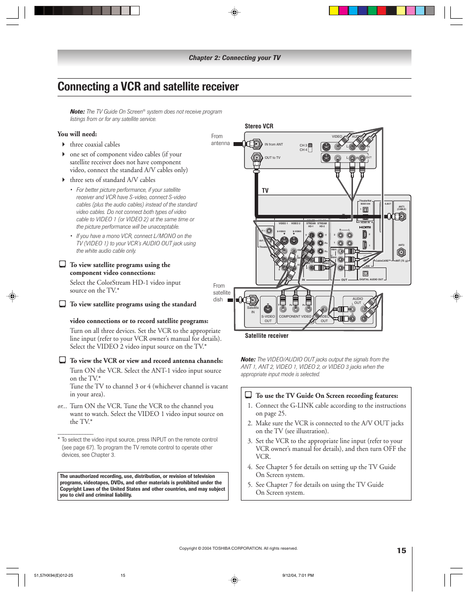 Connecting a vcr and satellite receiver, Chapter 2: connecting your tv | Toshiba 51HX94 User Manual | Page 15 / 104