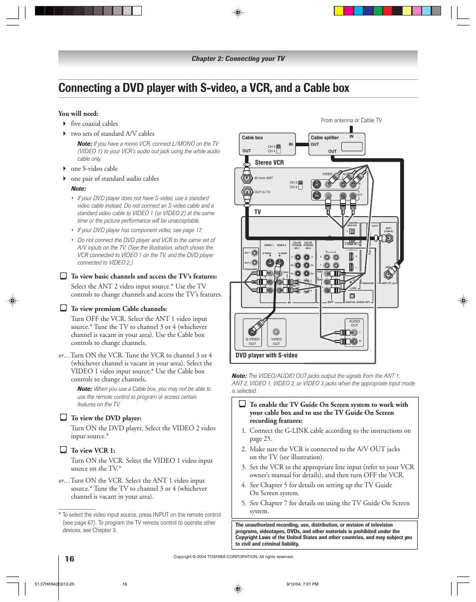 Chapter 2: connecting your tv | Toshiba 51HX94 User Manual | Page 16 / 104