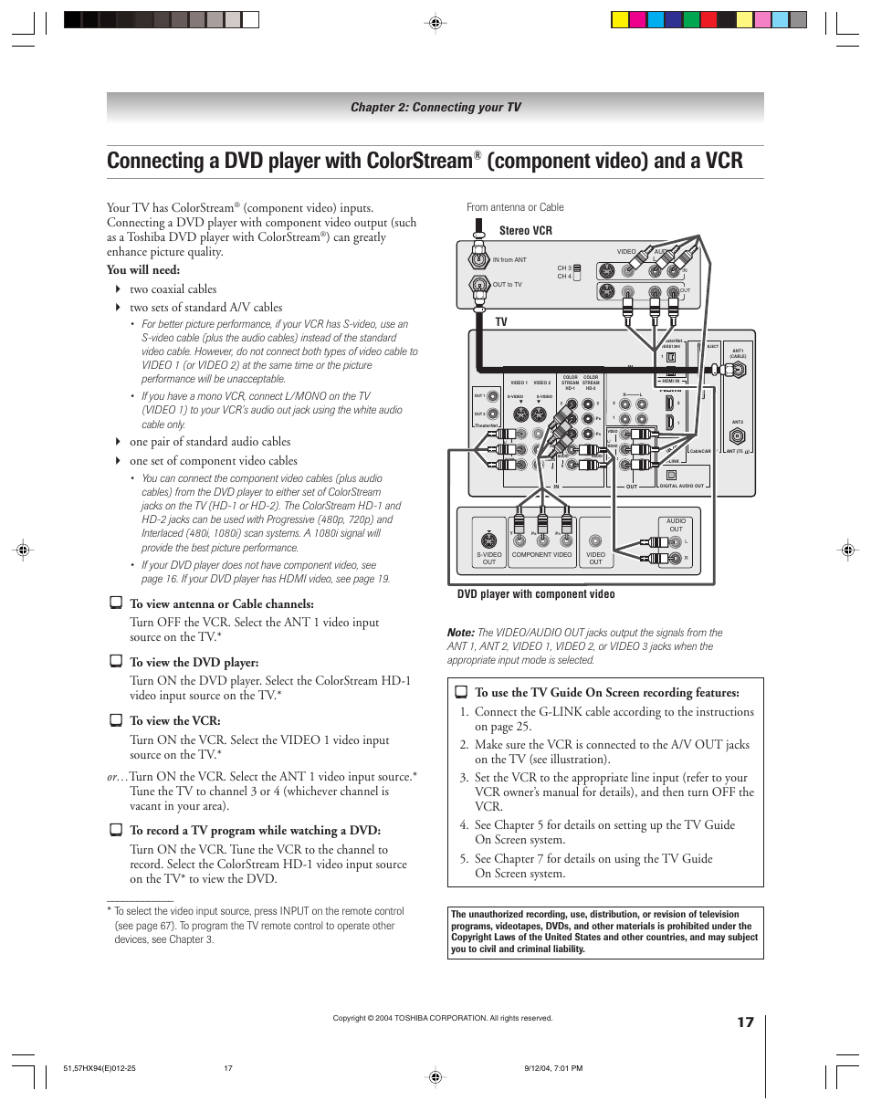 Connecting a dvd player with colorstream, Component video) and a vcr, Your tv has colorstream | Chapter 2: connecting your tv | Toshiba 51HX94 User Manual | Page 17 / 104