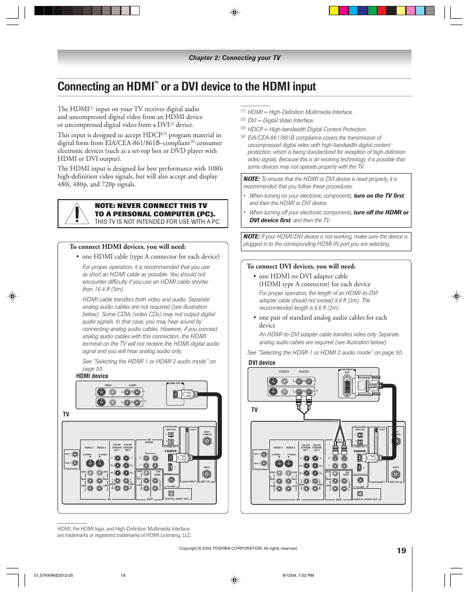 Connecting an hdmi, Or a dvi device to the hdmi input, The hdmi | Device. this input is designed to accept hdcp, Chapter 2: connecting your tv, Tv hdmi device, Tv dvi device, Hdmi = high-definition multimedia interface, Dvi = digital video interface, Hdcp = high-bandwidth digital content protection | Toshiba 51HX94 User Manual | Page 19 / 104