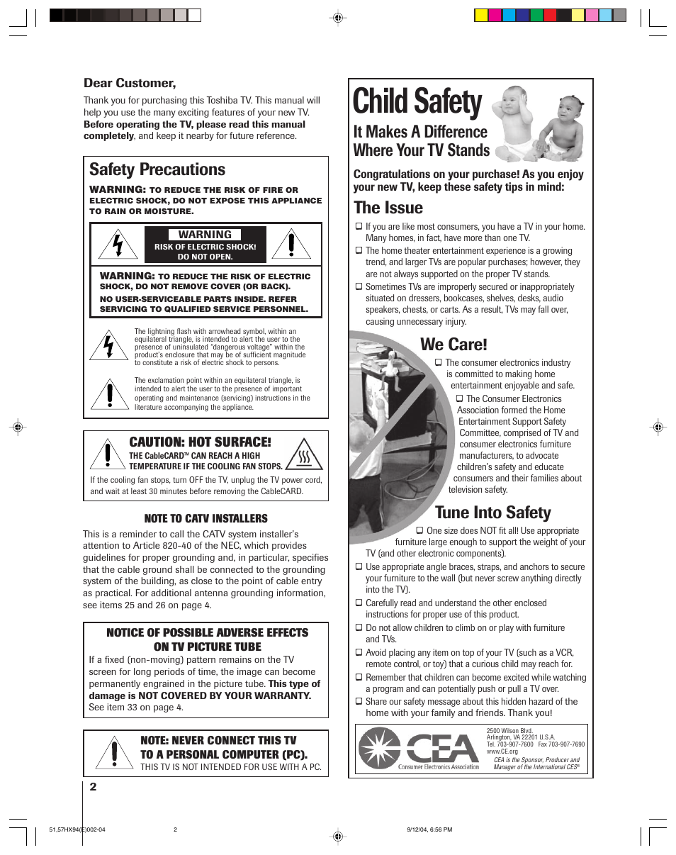 Child safety, It makes a difference where your tv stands, The issue | We care, Tune into safety, Safety precautions, Caution: hot surface, Dear customer | Toshiba 51HX94 User Manual | Page 2 / 104