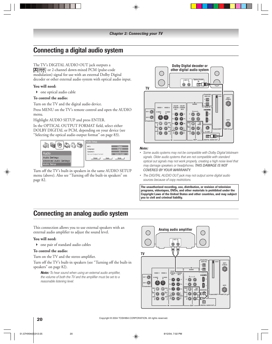 Connecting a digital audio system, Connecting an analog audio system, Chapter 2: connecting your tv | Tv analog audio amplifier, Audio | Toshiba 51HX94 User Manual | Page 20 / 104