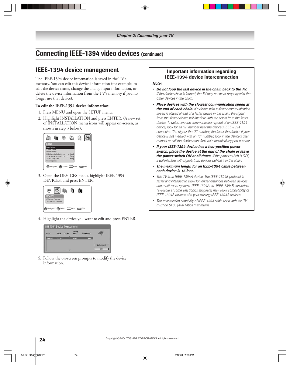Connecting ieee-1394 video devices, Ieee-1394 device management, Continued) | Chapter 2: connecting your tv | Toshiba 51HX94 User Manual | Page 24 / 104
