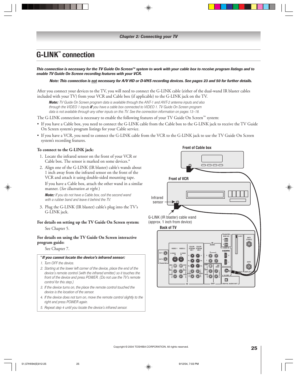 G-link, Connection, Chapter 2: connecting your tv | Toshiba 51HX94 User Manual | Page 25 / 104