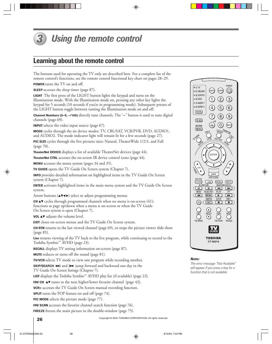 Using the remote control, Learning about the remote control | Toshiba 51HX94 User Manual | Page 26 / 104