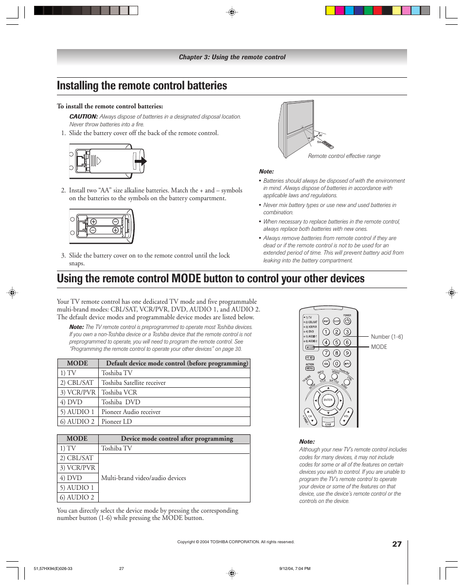 Installing the remote control batteries | Toshiba 51HX94 User Manual | Page 27 / 104