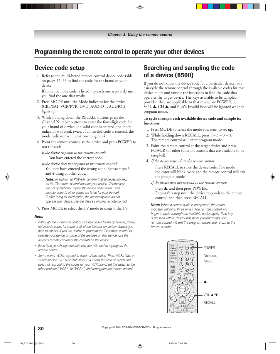 Searching and sampling the code of a device (8500), Device code setup | Toshiba 51HX94 User Manual | Page 30 / 104