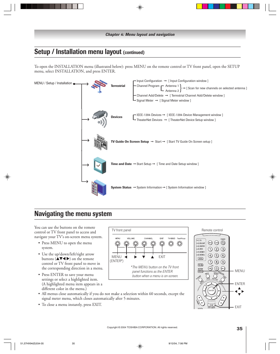 Navigating the menu system, Setup / installation menu layout, Continued) | Toshiba 51HX94 User Manual | Page 35 / 104