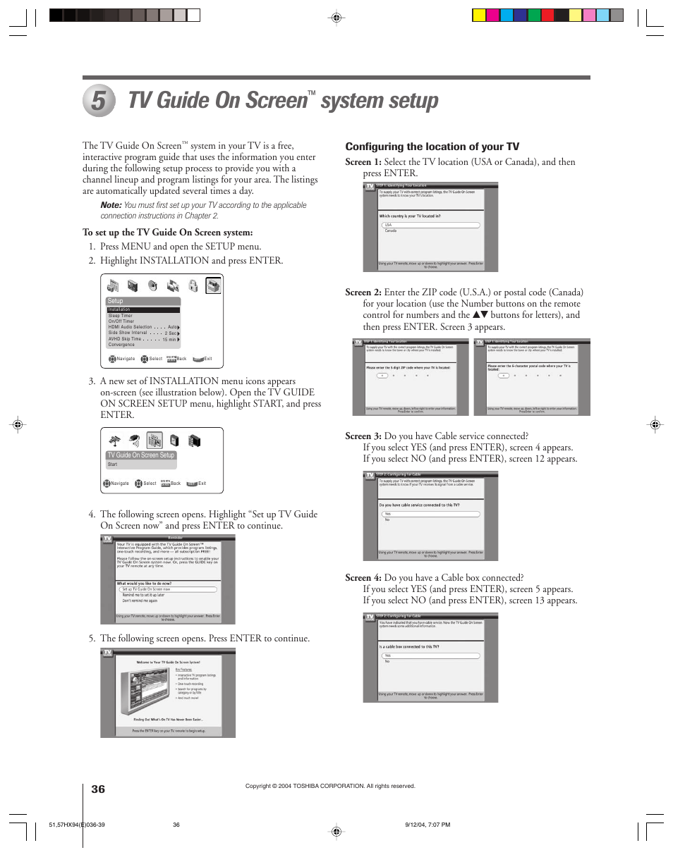 Tv guide on screen, System setup, Configuring the location of your tv | Toshiba 51HX94 User Manual | Page 36 / 104