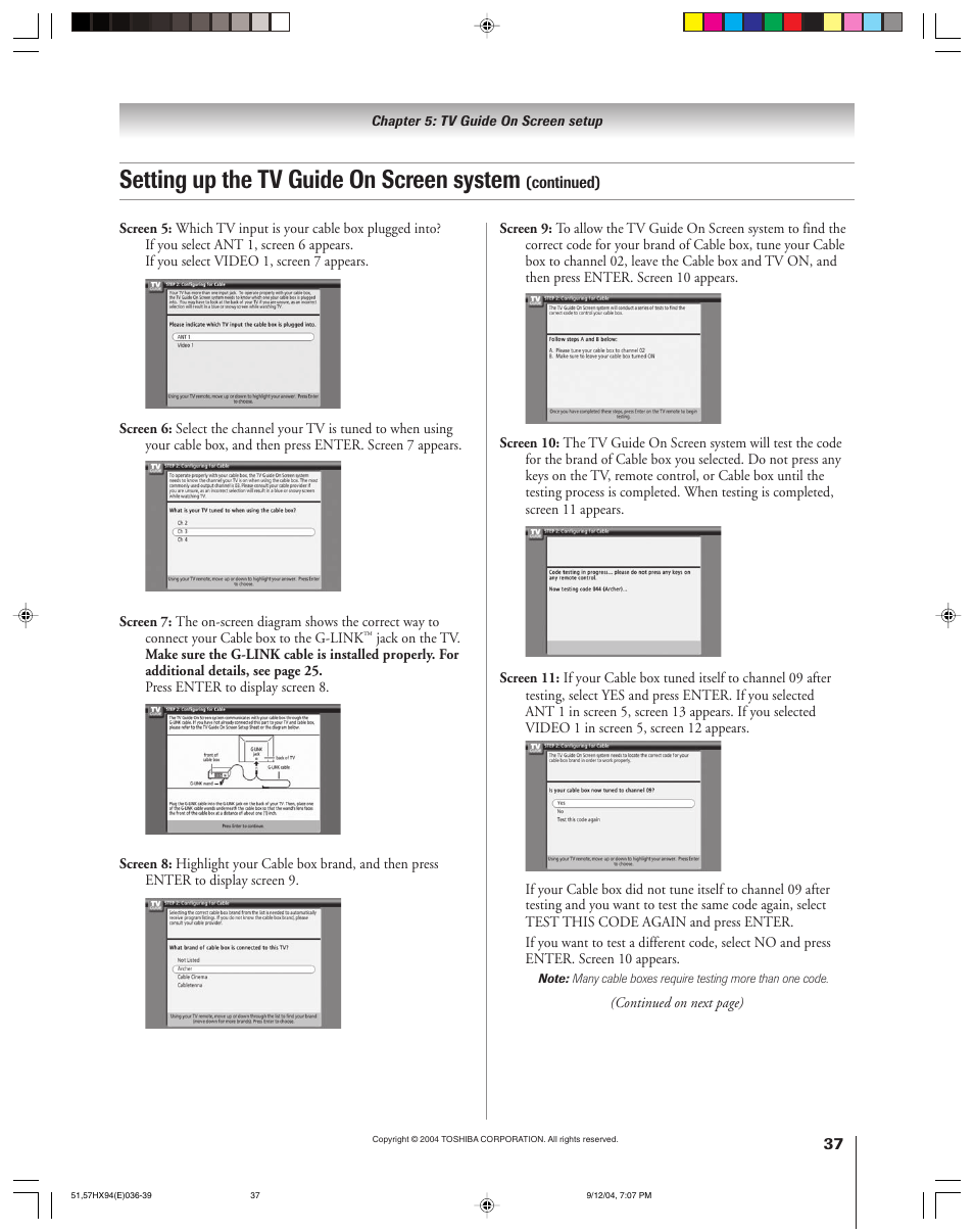 Setting up the tv guide on screen system | Toshiba 51HX94 User Manual | Page 37 / 104