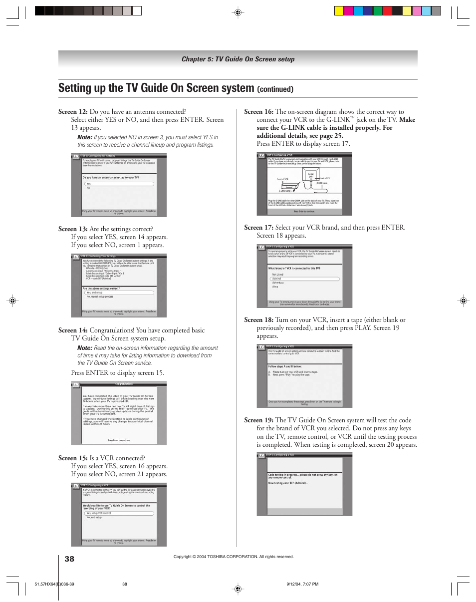 Setting up the tv guide on screen system | Toshiba 51HX94 User Manual | Page 38 / 104