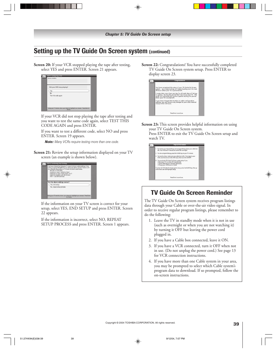 Setting up the tv guide on screen system, Tv guide on screen reminder | Toshiba 51HX94 User Manual | Page 39 / 104