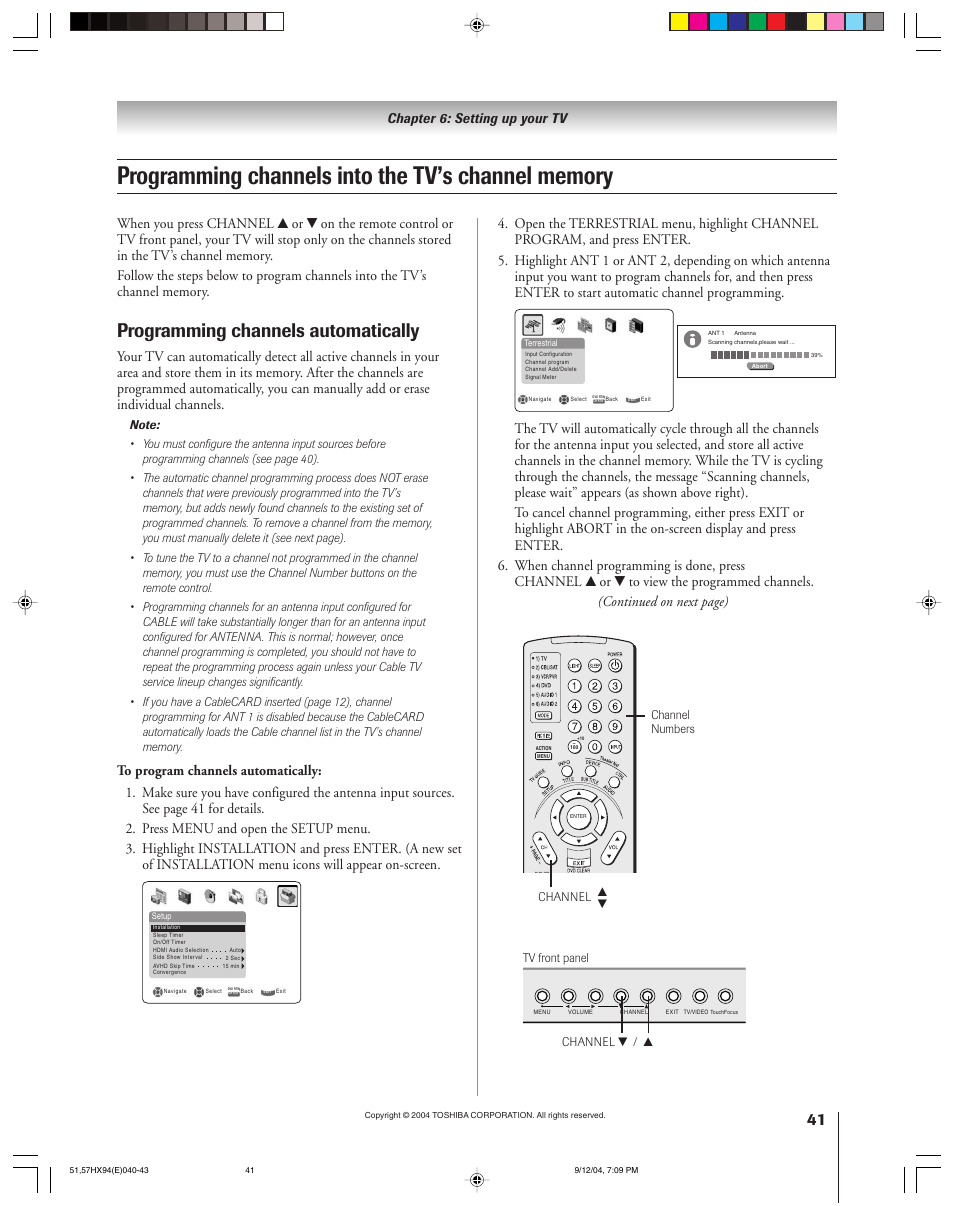 Programming channels automatically, Chapter 6: setting up your tv | Toshiba 51HX94 User Manual | Page 41 / 104