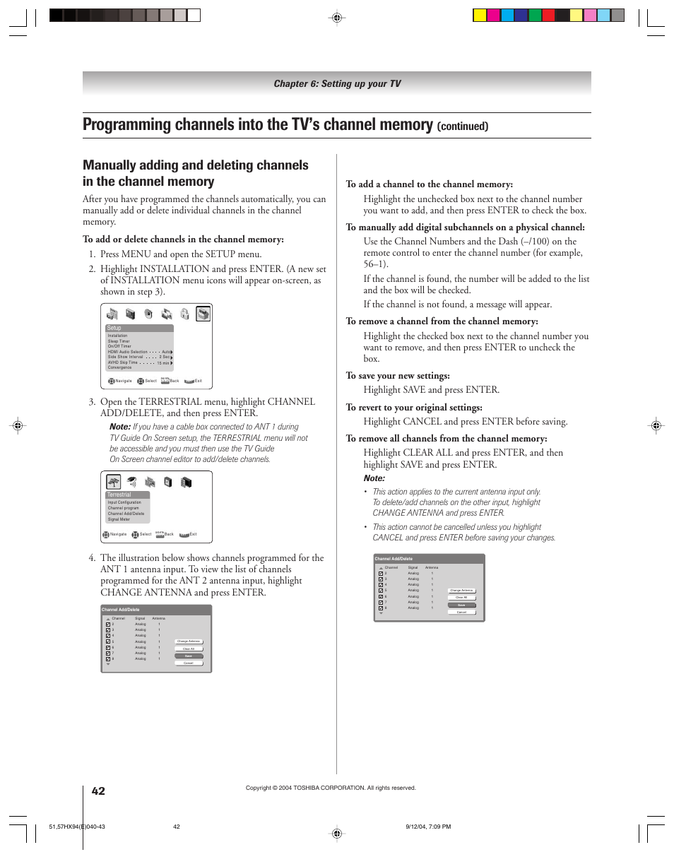 Continued), Chapter 6: setting up your tv | Toshiba 51HX94 User Manual | Page 42 / 104