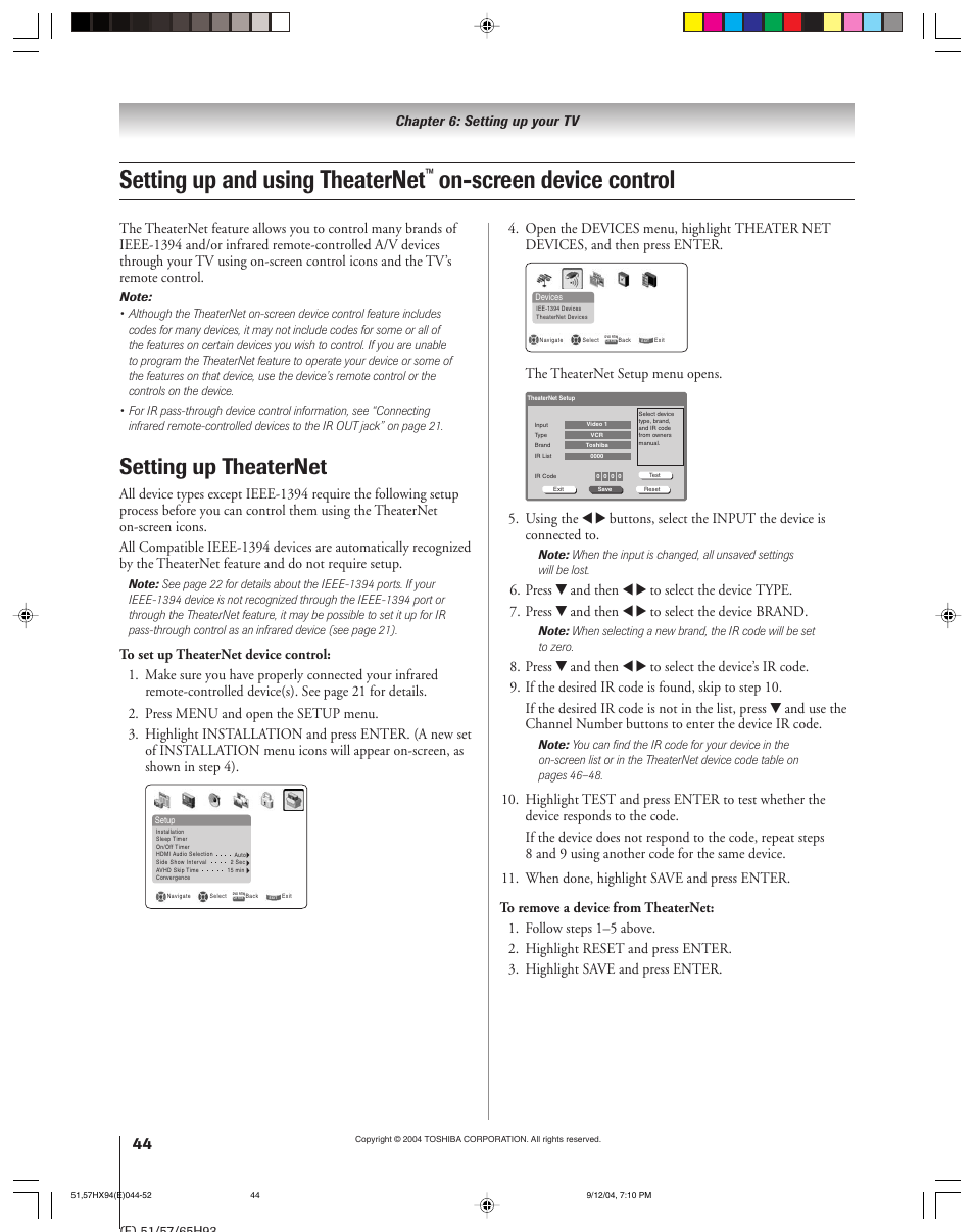 Setting up and using theaternet, On-screen device control, Setting up theaternet | The theaternet setup menu opens | Toshiba 51HX94 User Manual | Page 44 / 104