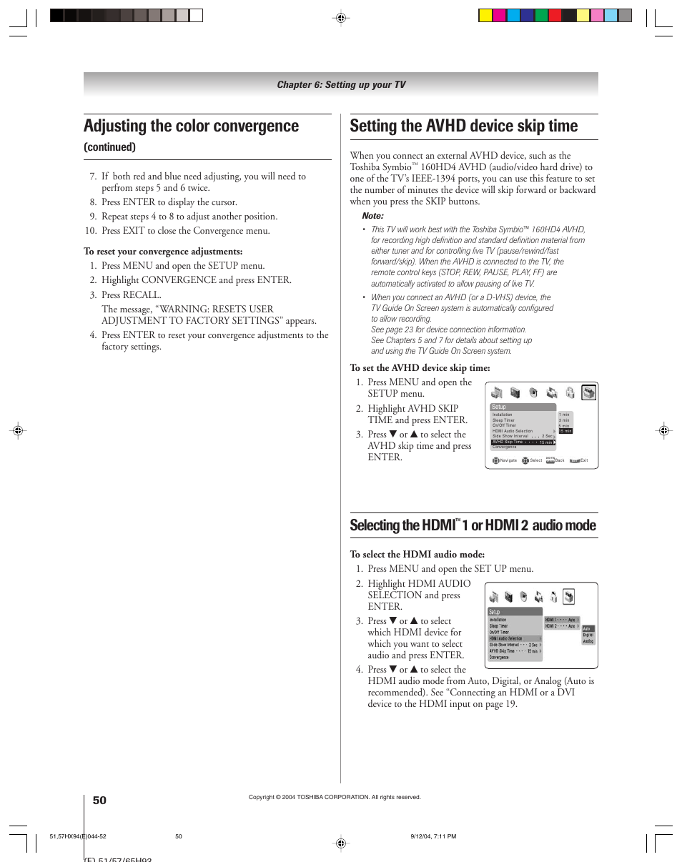 Adjusting the color convergence, Setting the avhd device skip time, Selecting the hdmi | 1 or hdmi 2, Audio mode, Continued) | Toshiba 51HX94 User Manual | Page 50 / 104