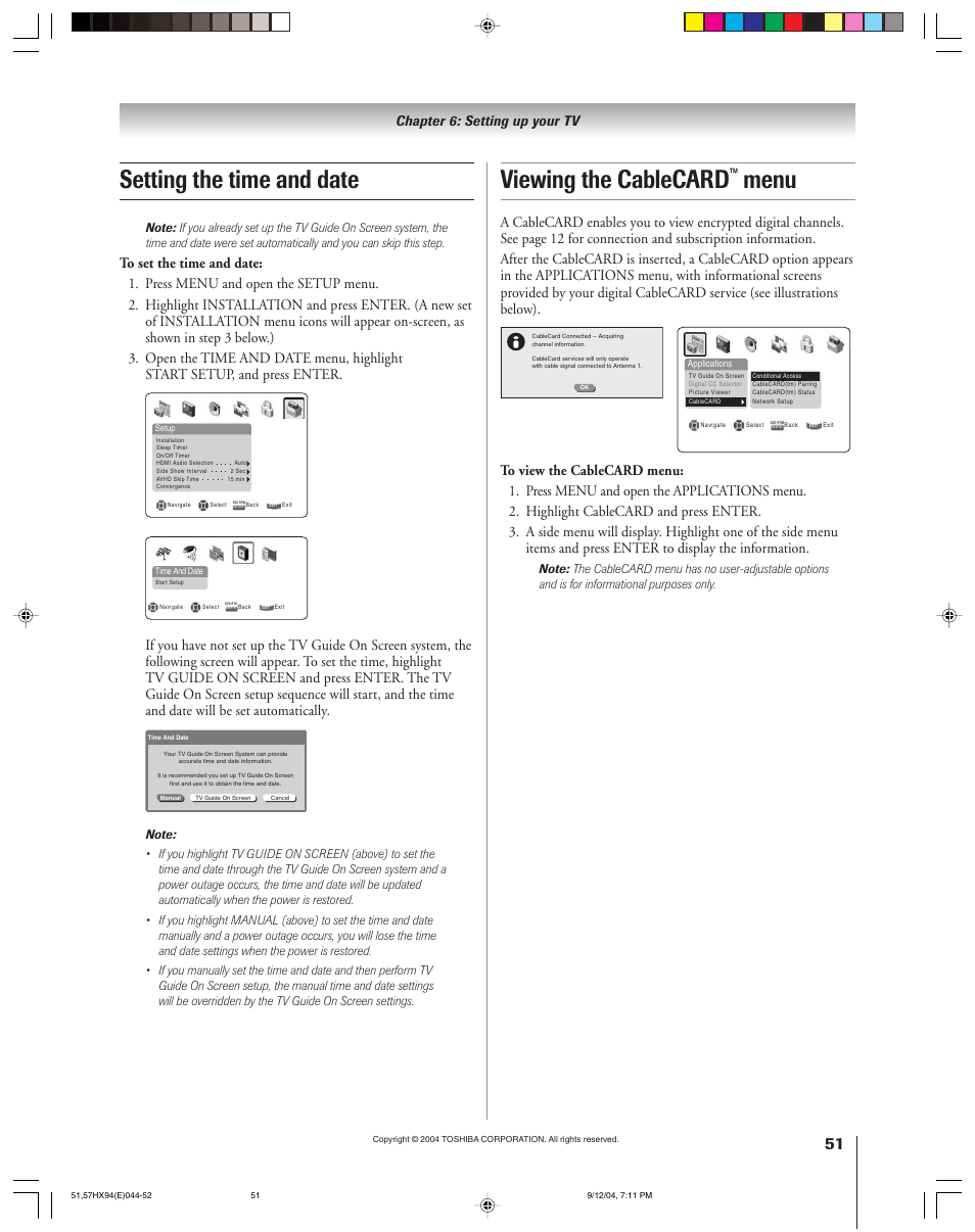 Setting the time and date, Viewing the cablecard, Menu | Chapter 6: setting up your tv | Toshiba 51HX94 User Manual | Page 51 / 104