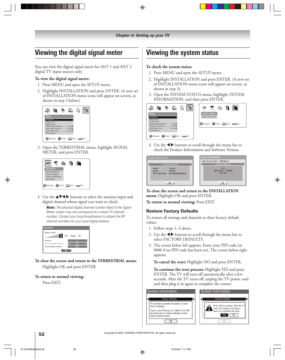 Restore factory defaults, Chapter 6: setting up your tv | Toshiba 51HX94 User Manual | Page 52 / 104