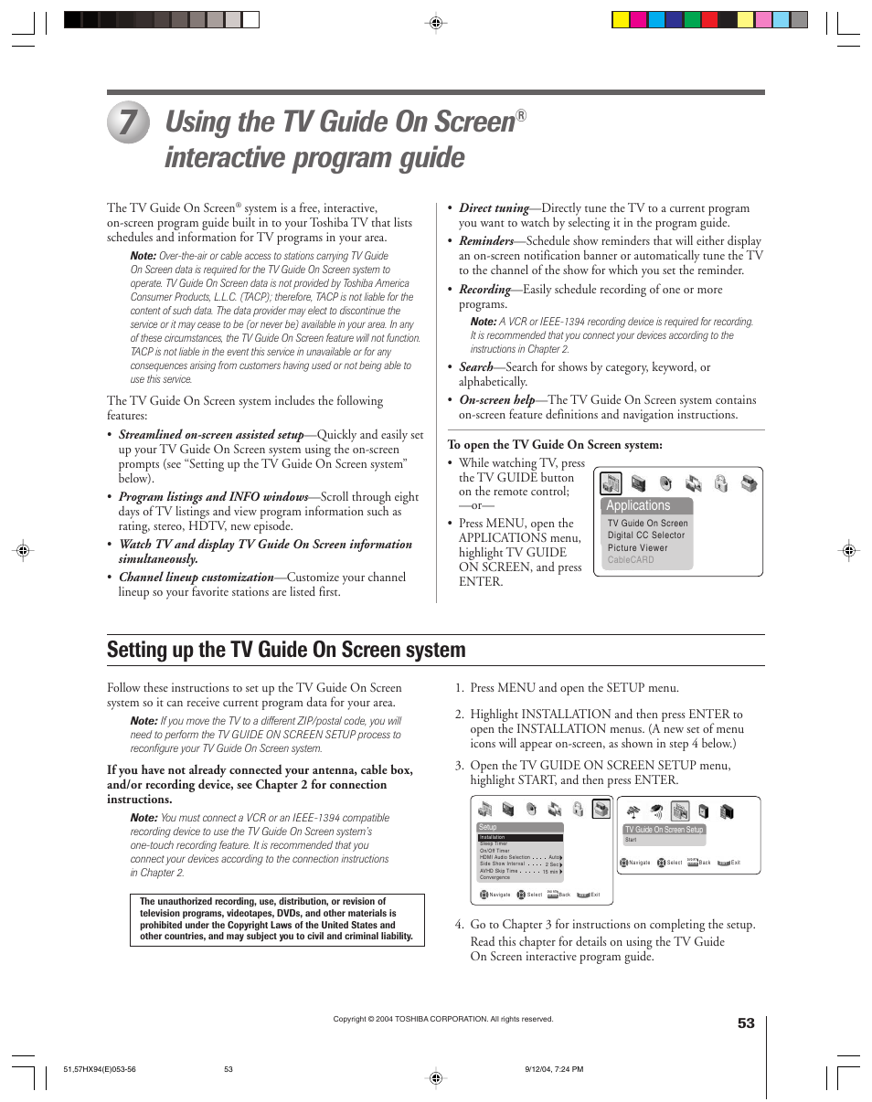 Using the tv guide on screen, Interactive program guide, Setting up the tv guide on screen system | Applications | Toshiba 51HX94 User Manual | Page 53 / 104