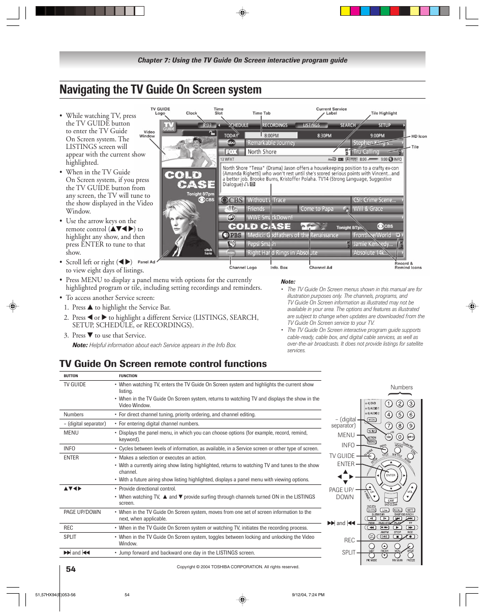 Navigating the tv guide on screen system, Tv guide on screen remote control functions | Toshiba 51HX94 User Manual | Page 54 / 104