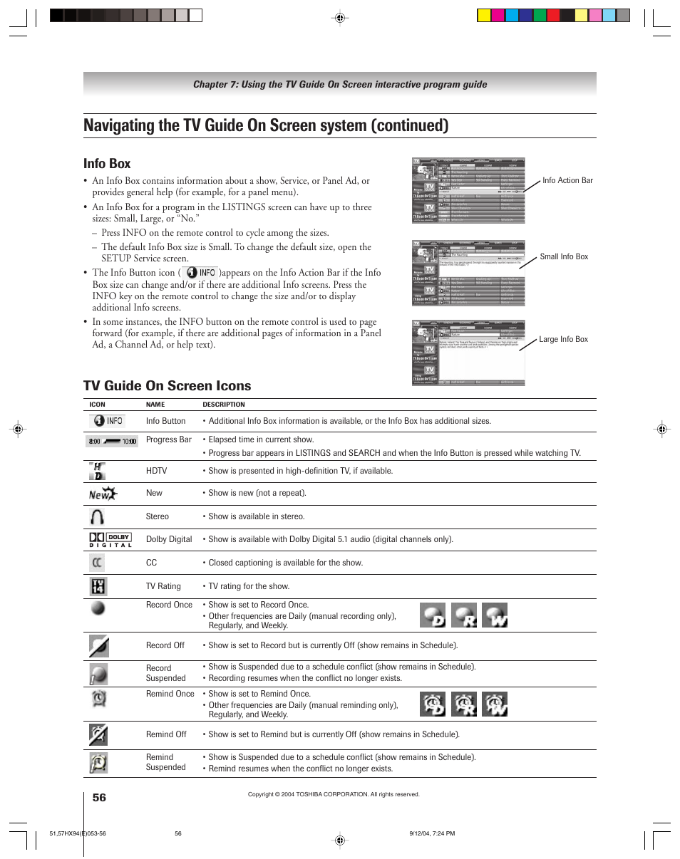 Tv guide on screen icons, Info box | Toshiba 51HX94 User Manual | Page 56 / 104