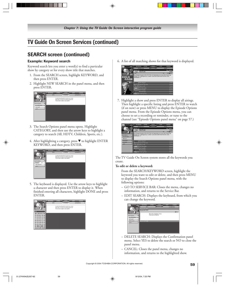 Tv guide on screen services (continued), Search screen (continued) | Toshiba 51HX94 User Manual | Page 59 / 104