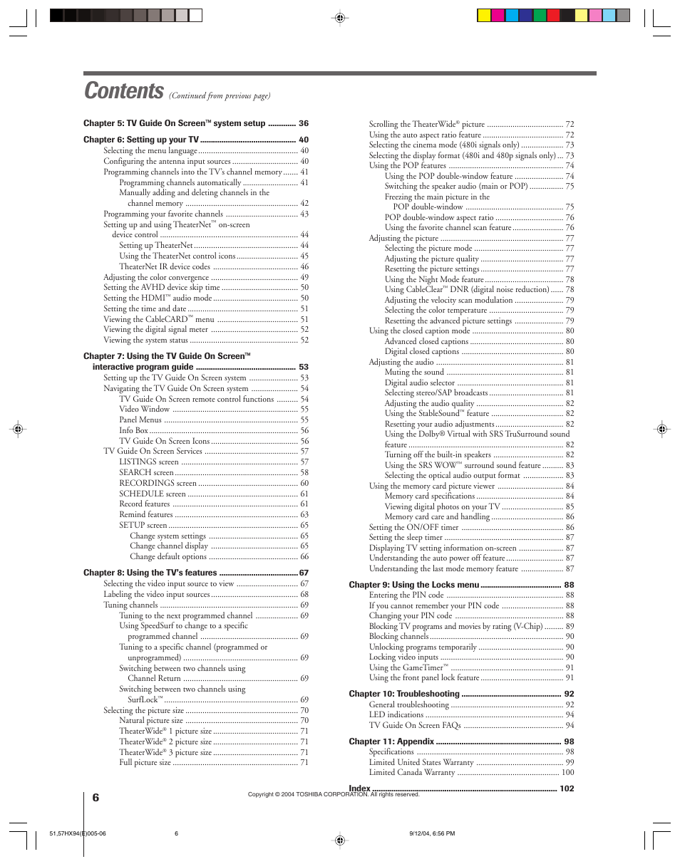 Toshiba 51HX94 User Manual | Page 6 / 104