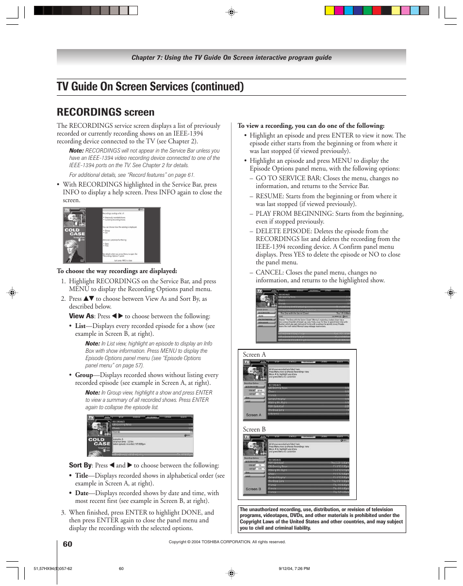 Tv guide on screen services (continued), Recordings screen | Toshiba 51HX94 User Manual | Page 60 / 104
