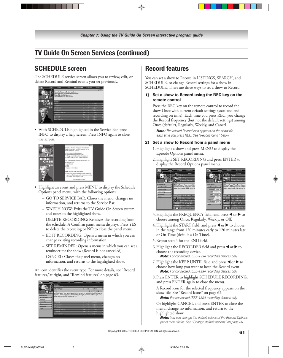 Tv guide on screen services (continued), Schedule screen, Record features | Toshiba 51HX94 User Manual | Page 61 / 104