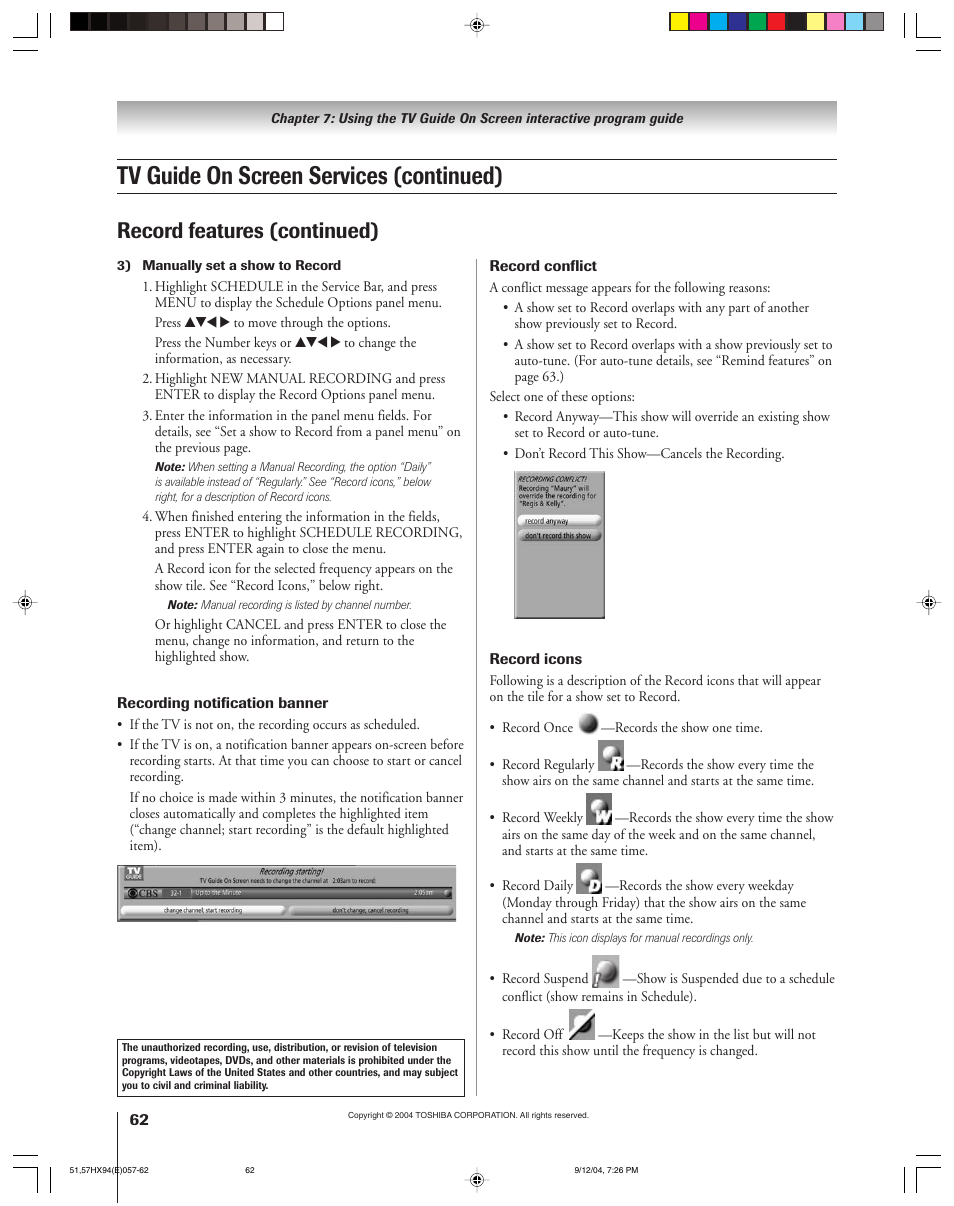 Tv guide on screen services (continued), Record features (continued) | Toshiba 51HX94 User Manual | Page 62 / 104