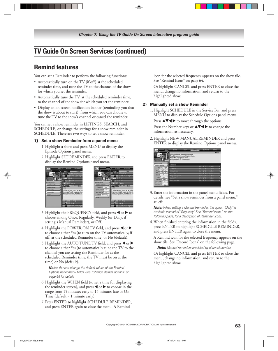 Tv guide on screen services (continued), Remind features | Toshiba 51HX94 User Manual | Page 63 / 104