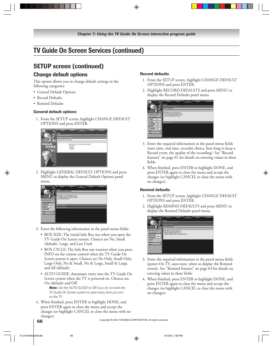 Tv guide on screen services (continued), Setup screen (continued), Change default options | Toshiba 51HX94 User Manual | Page 66 / 104