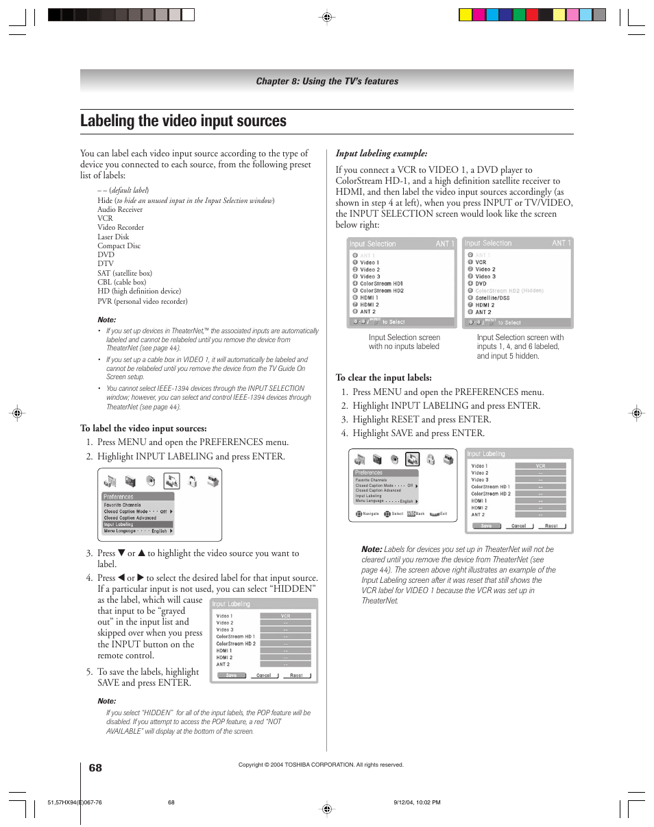 Labeling the video input sources | Toshiba 51HX94 User Manual | Page 68 / 104