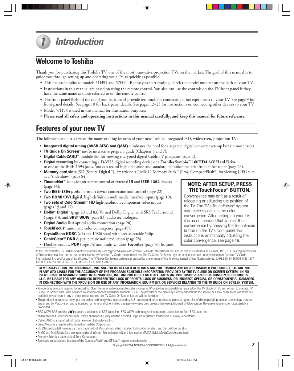 Introduction, Welcome to toshiba features of your new tv | Toshiba 51HX94 User Manual | Page 7 / 104