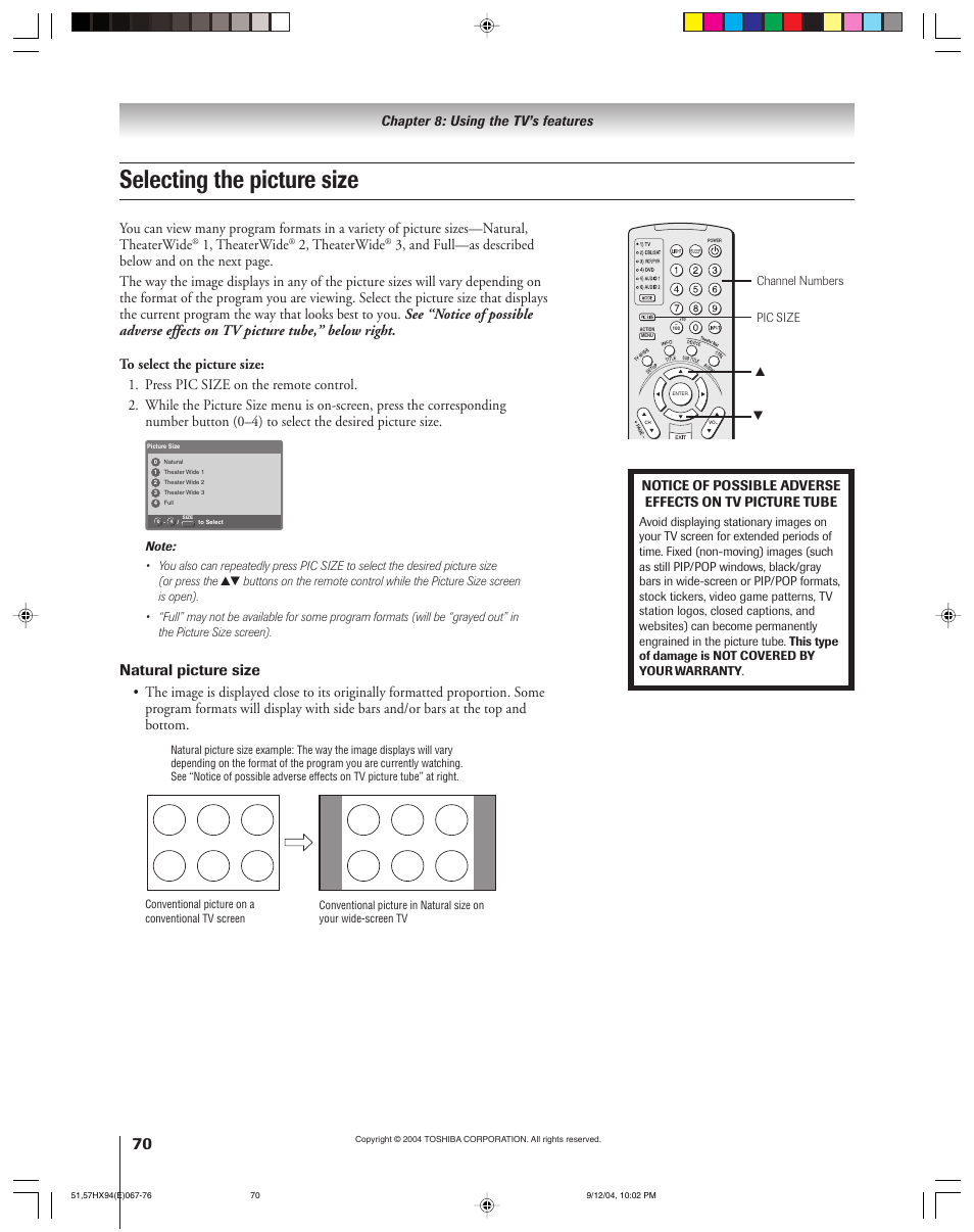 Selecting the picture size, Natural picture size, 1, theaterwide | 2, theaterwide, Chapter 8: using the tv’s features | Toshiba 51HX94 User Manual | Page 70 / 104