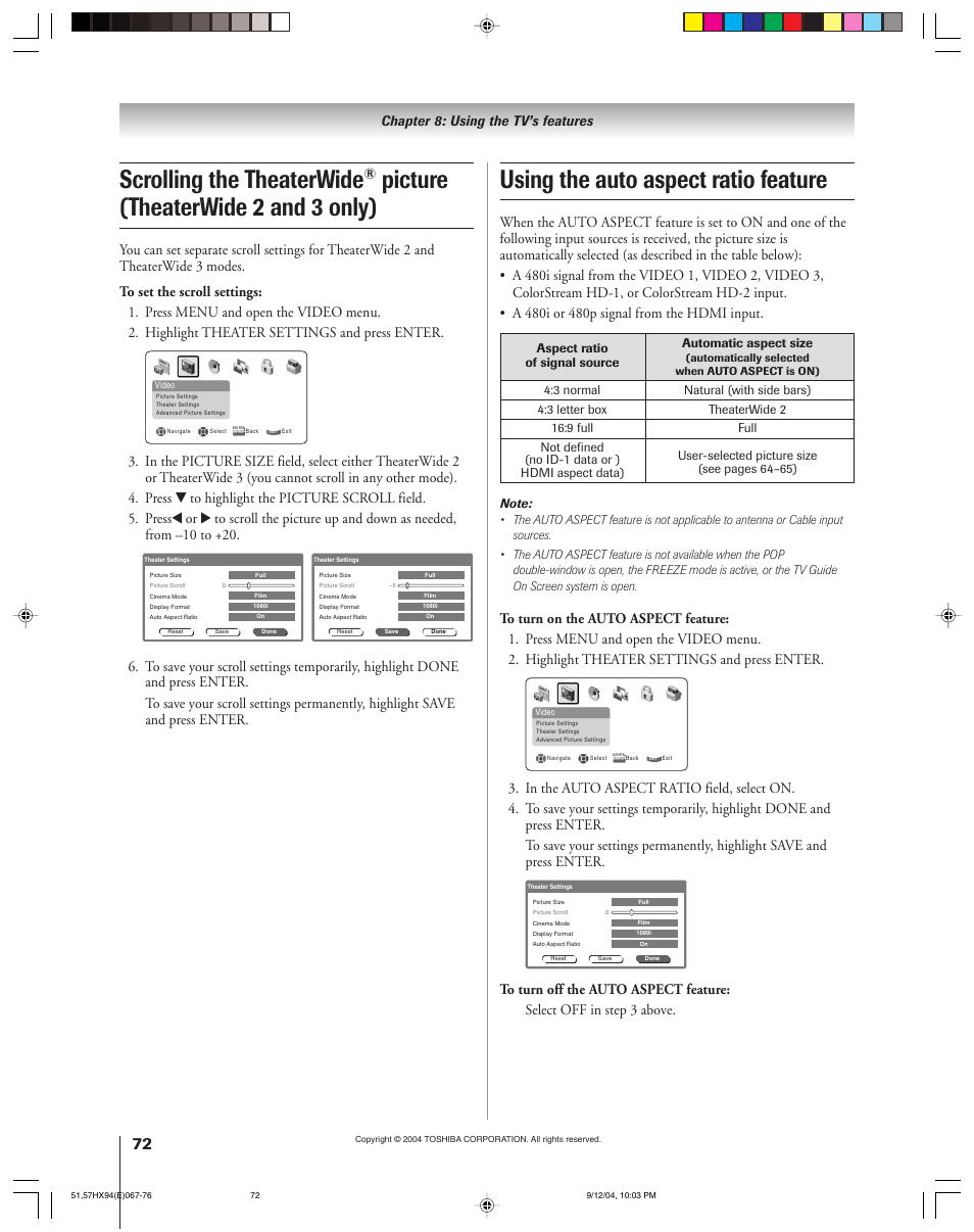 Using the auto aspect ratio feature, Scrolling the theaterwide, Picture (theaterwide 2 and 3 only) | Chapter 8: using the tv’s features | Toshiba 51HX94 User Manual | Page 72 / 104