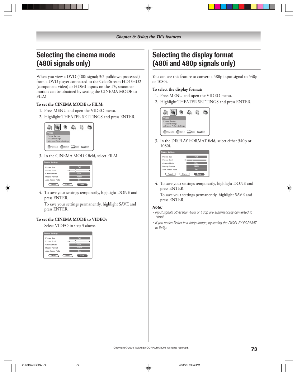 Selecting the cinema mode (480i signals only), Chapter 8: using the tv’s features | Toshiba 51HX94 User Manual | Page 73 / 104