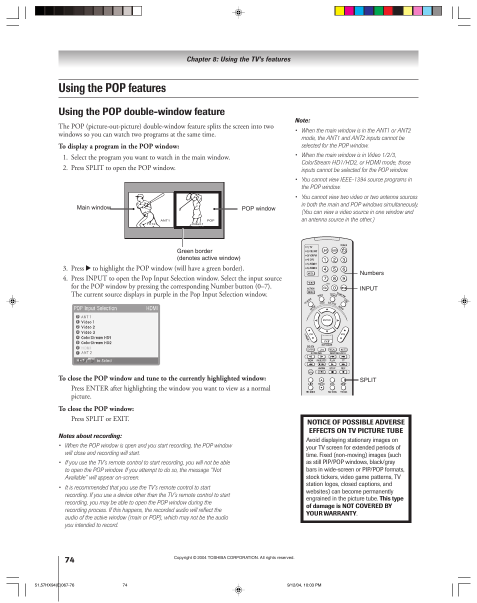Using the pop features, Using the pop double-window feature | Toshiba 51HX94 User Manual | Page 74 / 104