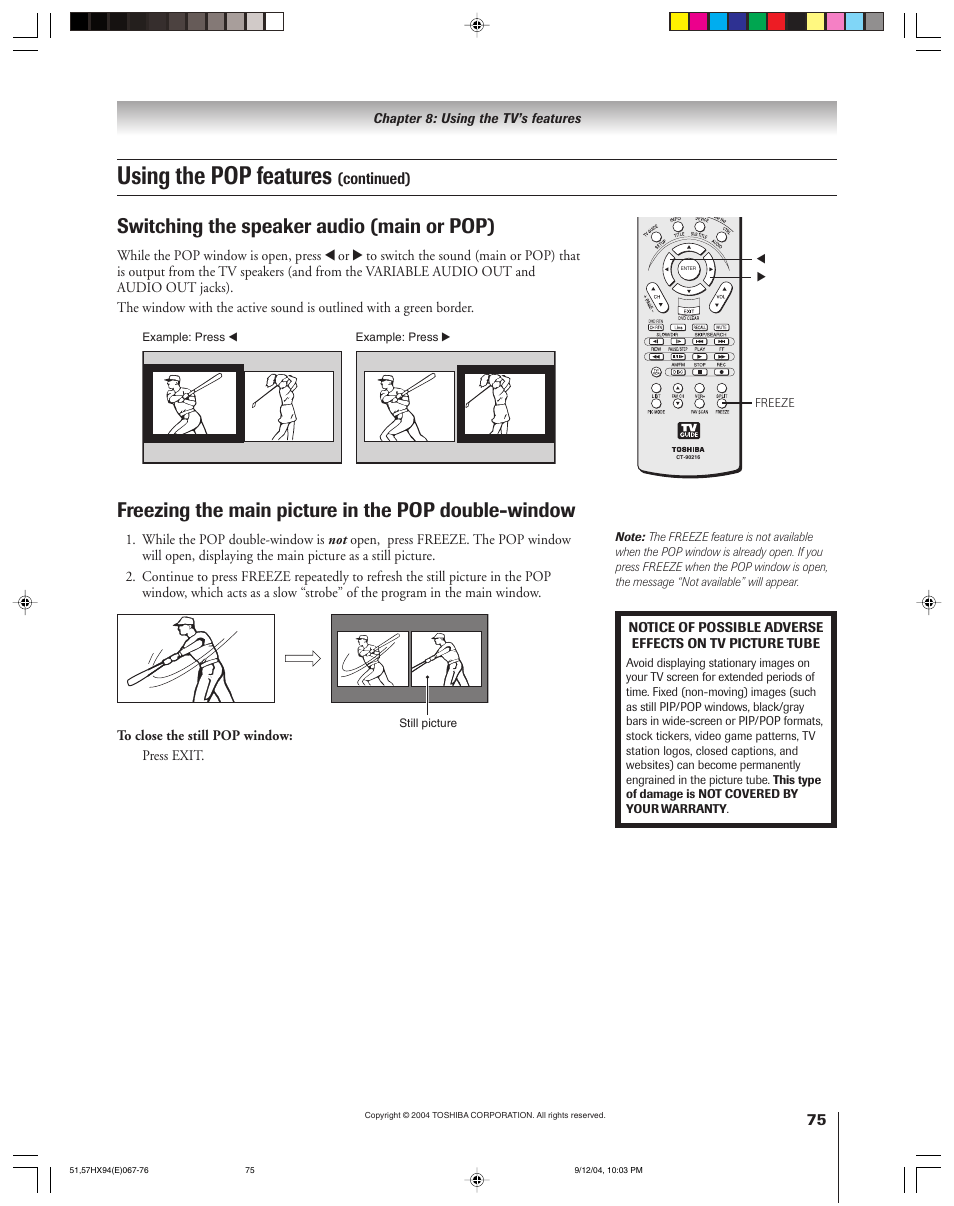 Using the pop features, Freezing the main picture in the pop double-window, Switching the speaker audio (main or pop) | Toshiba 51HX94 User Manual | Page 75 / 104