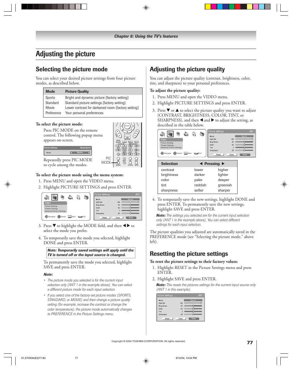 Adjusting the picture, Selecting the picture mode, Adjusting the picture quality | Resetting the picture settings | Toshiba 51HX94 User Manual | Page 77 / 104