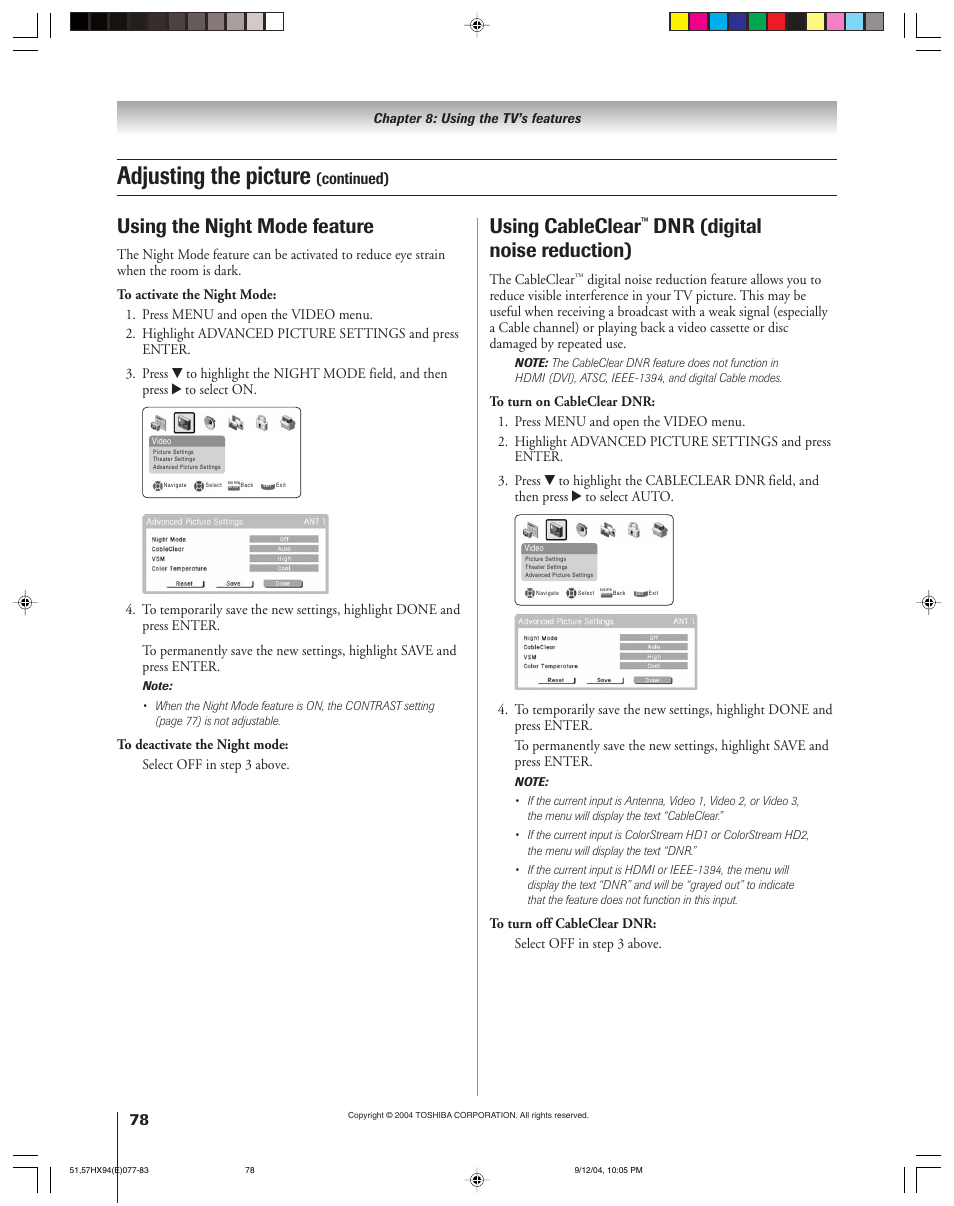 Adjusting the picture, Using cableclear, Dnr (digital noise reduction) | Using the night mode feature, Continued) | Toshiba 51HX94 User Manual | Page 78 / 104