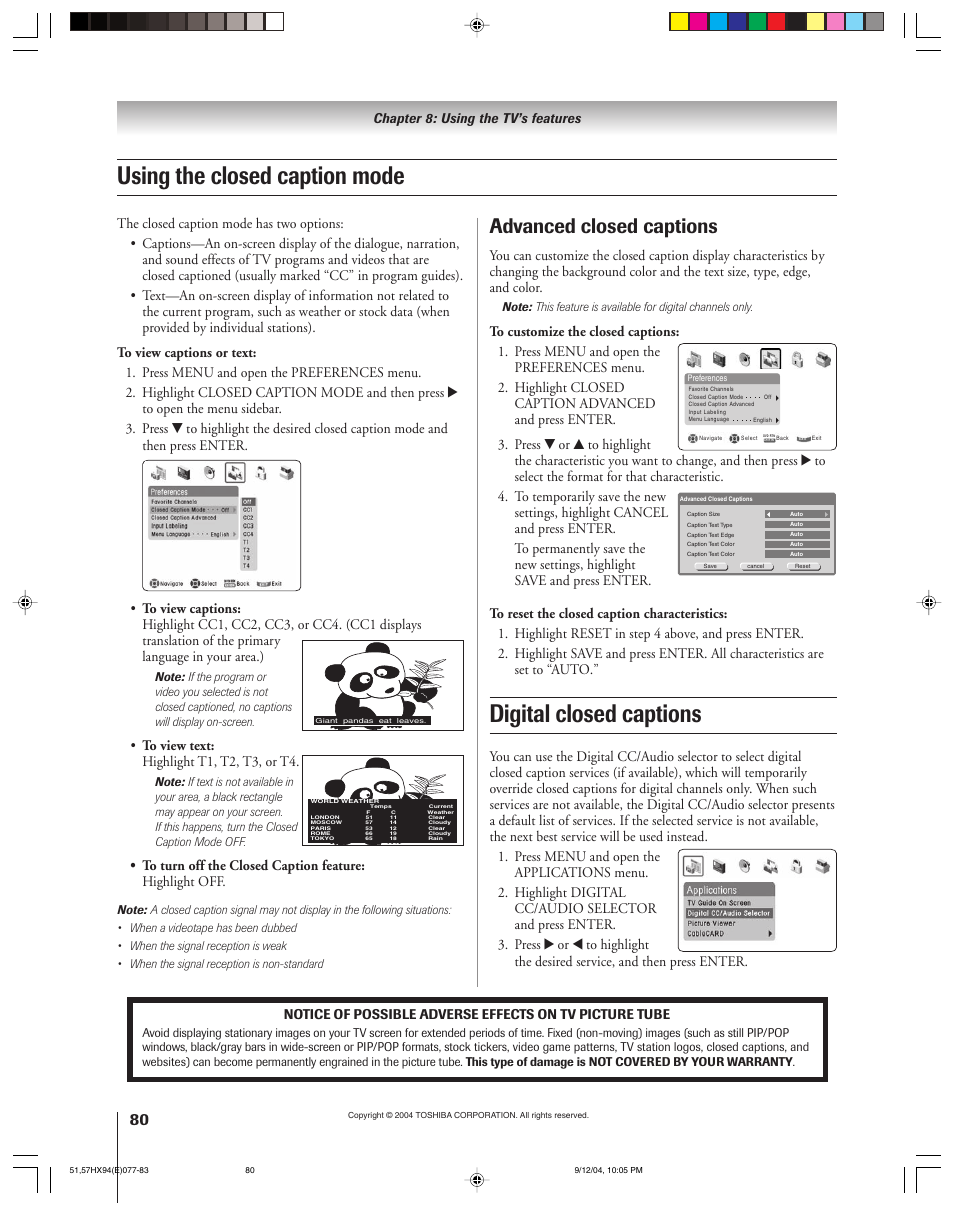 Using the closed caption mode, Digital closed captions, Advanced closed captions | Chapter 8: using the tv’s features | Toshiba 51HX94 User Manual | Page 80 / 104