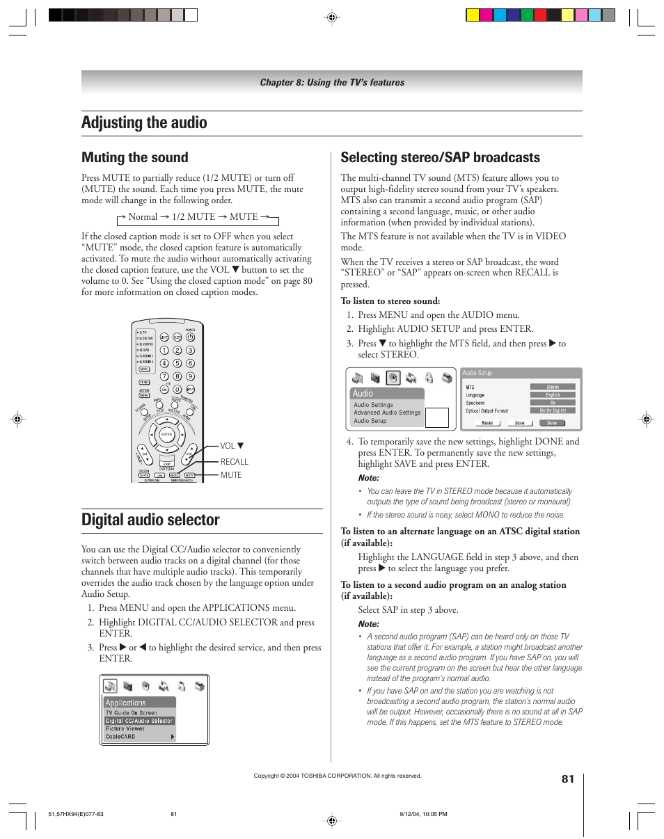 Adjusting the audio, Digital audio selector, Muting the sound | Selecting stereo/sap broadcasts | Toshiba 51HX94 User Manual | Page 81 / 104