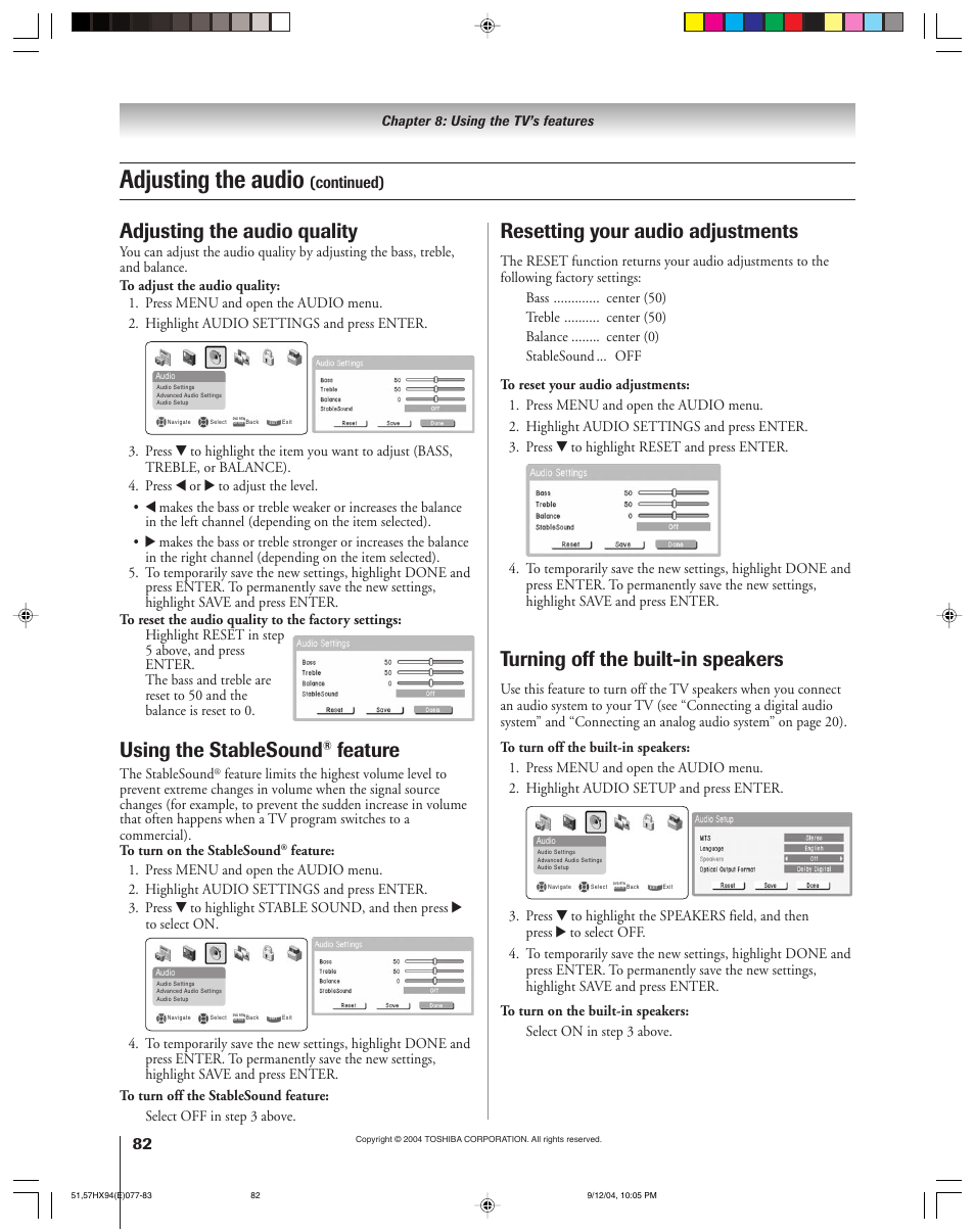 Adjusting the audio, Using the stablesound, Feature | Resetting your audio adjustments, Adjusting the audio quality, Turning off the built-in speakers, Continued) | Toshiba 51HX94 User Manual | Page 82 / 104