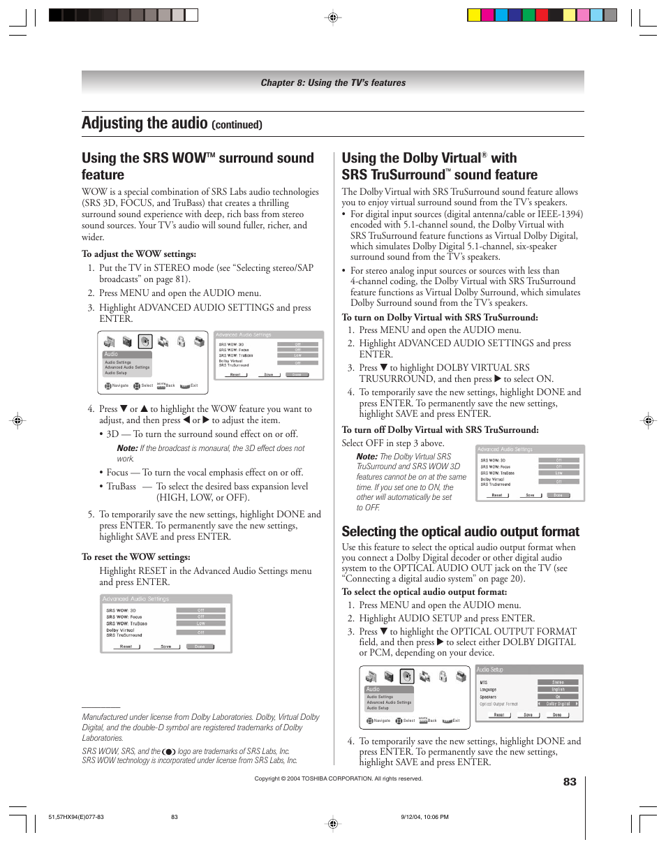 Adjusting the audio, Using the srs wow™ surround sound feature, Selecting the optical audio output format | Using the dolby virtual, With srs trusurround, Sound feature, Continued) | Toshiba 51HX94 User Manual | Page 83 / 104