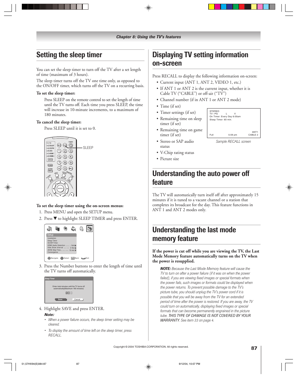 Displaying tv setting information on-screen, Understanding the auto power off feature, Setting the sleep timer | Highlight save and press enter | Toshiba 51HX94 User Manual | Page 87 / 104