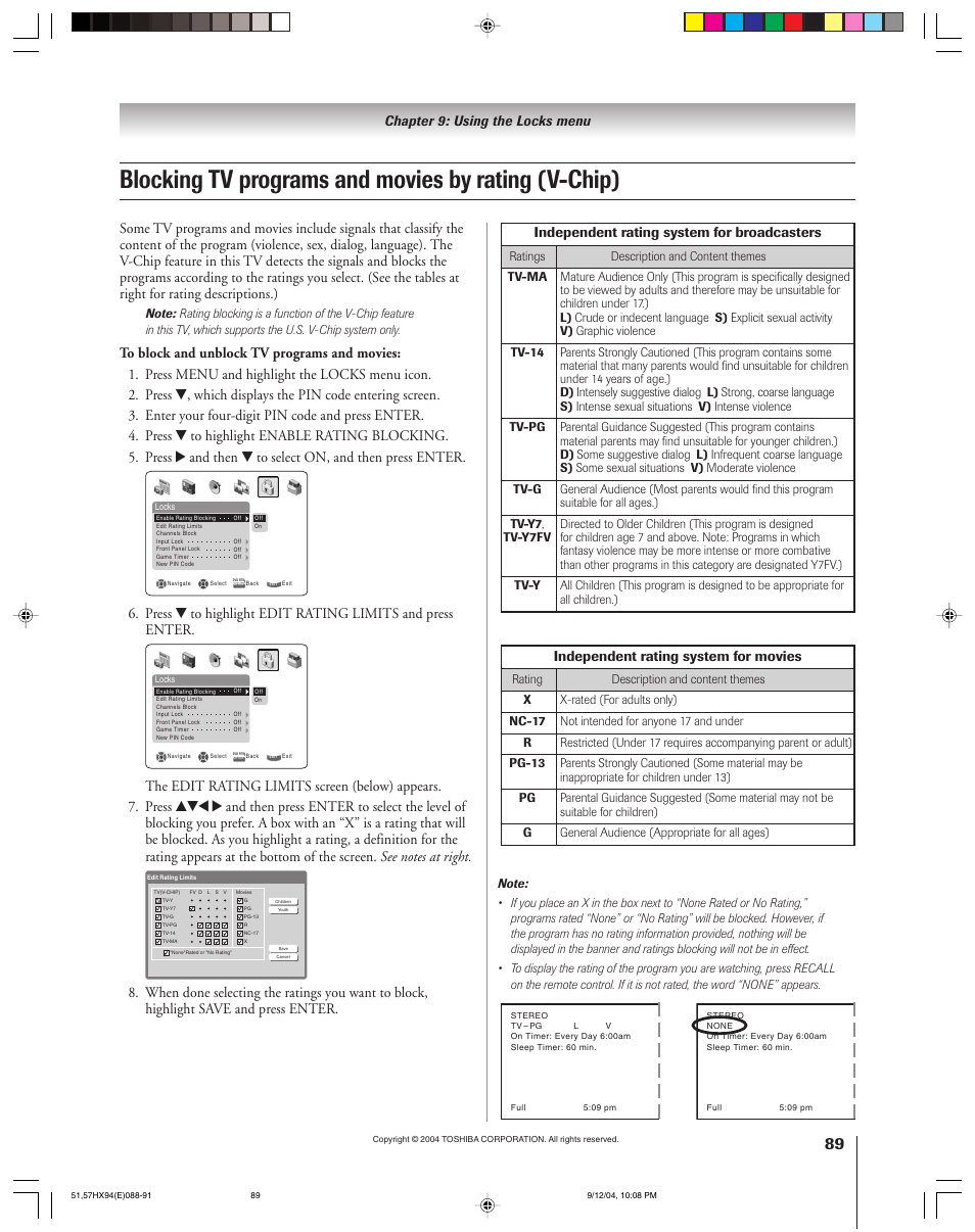 Blocking tv programs and movies by rating (v-chip), Chapter 9: using the locks menu, Independent rating system for broadcasters | Independent rating system for movies | Toshiba 51HX94 User Manual | Page 89 / 104