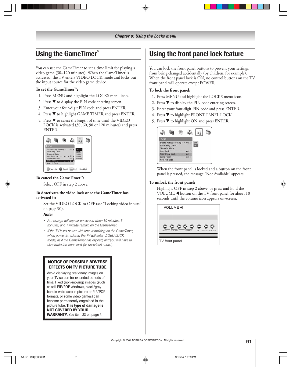 Using the gametimer, Using the front panel lock feature, Chapter 9: using the locks menu | Toshiba 51HX94 User Manual | Page 91 / 104