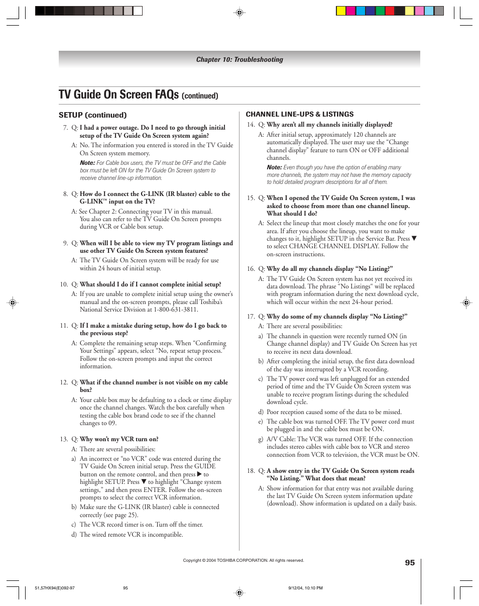 Tv guide on screen faqs | Toshiba 51HX94 User Manual | Page 95 / 104